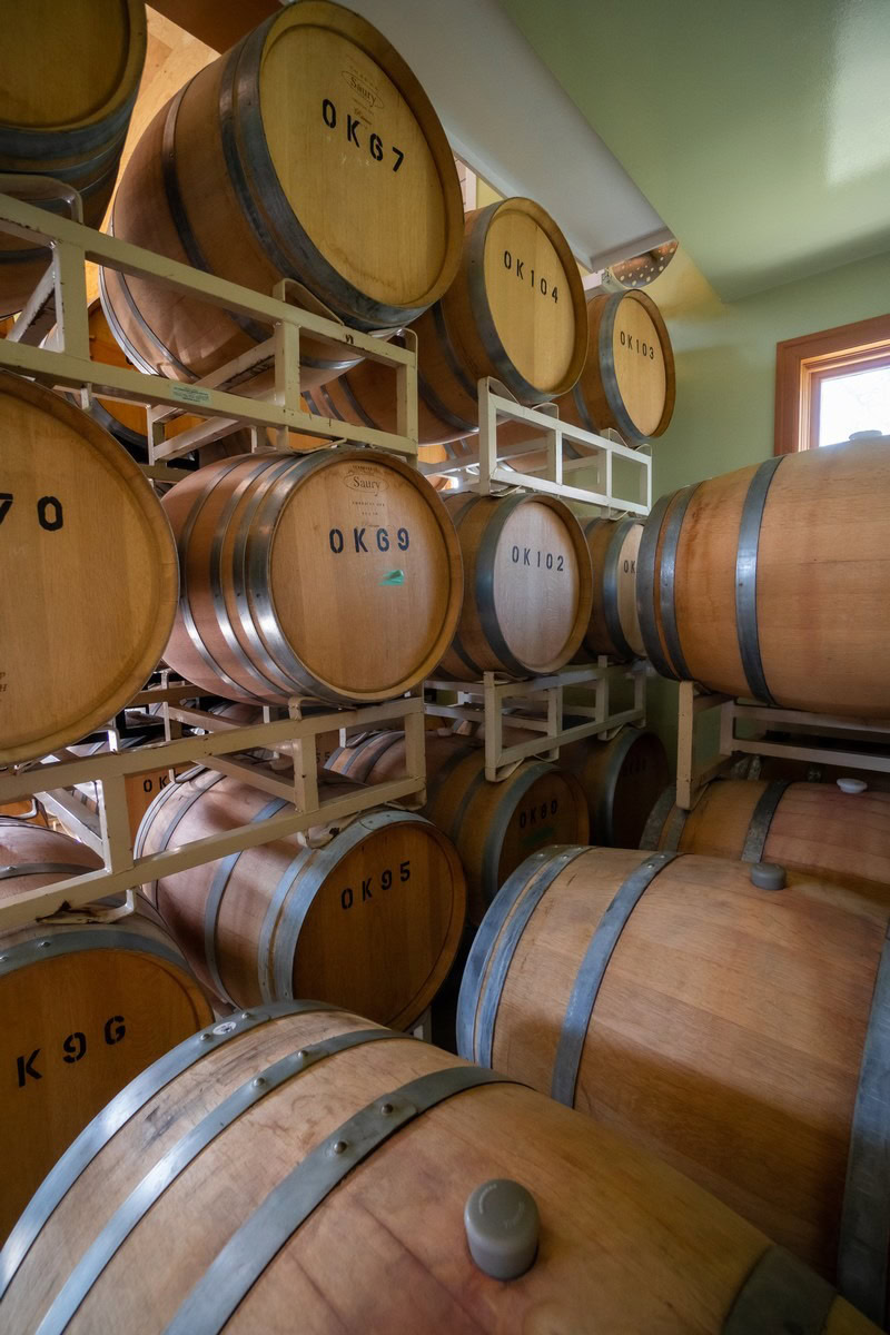 Stacked wooden wine barrels in a cellar with natural light from a window.
